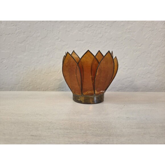 Vintage Capiz Shell Lotus Flower Burnt Orange with Brass Accent Candle Holder - Picture 1 of 12